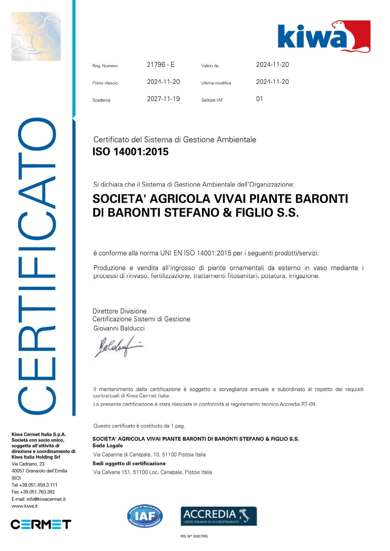 CERT BARONTI 14001